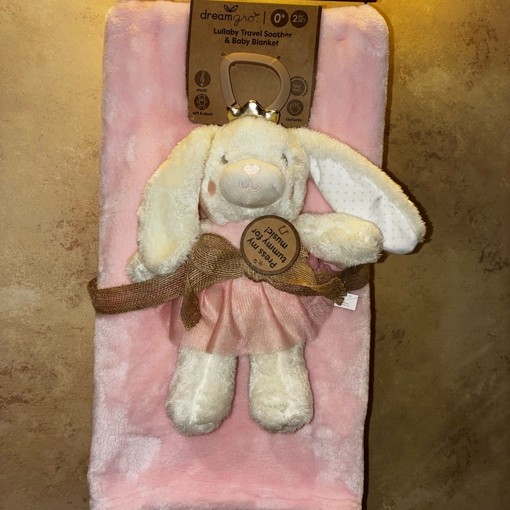 2 pc Set White Musical Bunny Plush and Soft Pink Blanket Set